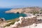 Panoramic view Beach of Matala seen the mountain near Heraklion town on Crete, Greece.