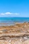 Panoramic view of beach of town of Afytos, Kassandra, Chalkidiki, Central Macedonia, Greece. Beach on the Ionian Sea