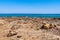 Panoramic view of beach of town of Afytos, Kassandra, Chalkidiki, Central Macedonia, Greece. Beach on the Ionian Sea