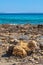 Panoramic view of beach of town of Afytos, Kassandra, Chalkidiki, Central Macedonia, Greece. Beach on the Ionian Sea