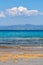 Panoramic view of beach of town of Afytos, Kassandra, Chalkidiki, Central Macedonia, Greece. Beach on the Ionian Sea