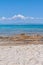 Panoramic view of beach of town of Afytos, Kassandra, Chalkidiki, Central Macedonia, Greece. Beach on the Ionian Sea