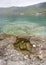 Panoramic view on beautiful beach Agios Nikolaos in Corinthian Gulf of Ionian sea in Greece on a cloudy autumn day