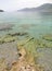 Panoramic view on beautiful beach Agios Nikolaos in the Corinthian Gulf of Ionian sea in Greece on a cloudy autumn day