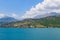 Panoramic view of the beautiful blue lago di Serre-Poncon in the