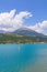 Panoramic view of the beautiful blue lago di Serre-Poncon in the