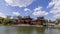 Panoramic view of the beautiful Byodo-in temple in Uji, Kyoto, Japan, on a beautiful sunny day with some clouds