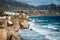 Panoramic view of beautiful city of Nerja in winter. Empty `Calahonda` beach.