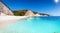 Panoramic view of the beautiful Fteri Beach on the island of Kefalonia, Greece