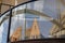 Panoramic view of beautiful houses and rooftops of old city through glass windows of modern art Neues Museum of Nurnberg