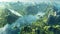 Panoramic view of beautiful rainforest. Beautiful sky, mountains and jungle. Aerial view. Prehistoric earth. Ai