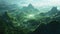 Panoramic view of beautiful rainforest. Beautiful sky, mountains and jungle. Aerial view. Prehistoric earth. Ai