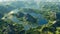 Panoramic view of beautiful rainforest. Beautiful sky, mountains and jungle. Aerial view. Prehistoric earth. Ai