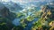 Panoramic view of beautiful rainforest. Beautiful sky, mountains and jungle. Aerial view. Prehistoric earth. Ai