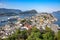 Panoramic view of the beautiful town centre, art nouveau architecture and fjords from the viewpoint Aksla,  Alesund, Norway.