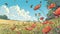 A panoramic view of bees buzzing around a meadow dotted with red poppies, set against a backdrop of fluffy clouds and a