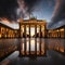 Panoramic view of Berlin's iconic Brandenburg Gate at sunset