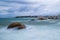 Panoramic view of Biarritz with the lighthouse in the background. Long exposure of the camera to create a silk effect on the rocks