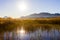 Panoramic view of a bird observatory, in the wetlands natural park La Marjal in Pego and Oliva, Spain