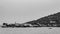 Panoramic view in black and white of the beautiful Borromean Islands from Baveno, Lake Maggiore, Italy