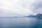 Panoramic view of blue clear sea. Horizontal view with coastal f