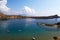 panoramic View of the blue lagoon with boats transparent sea and blue sky with clouds