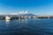 Panoramic view of blue sea and Vesuvius volcano from the port of Castellammare di Stabia, Naples, Campania, Italy