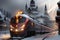 The Panoramic View of a Burgundy Colored Modern Motorized Train\\\'s Passage through a Snow Covered Town. AI generated