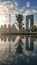 Panoramic view of Business Bay district with reflection in sea in morning. Aerial sky at highest buildings in central