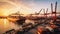 A panoramic view of a bustling harbor, with ships coming and going and people working on the docks.