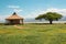 Panoramic view of cabins on a campsite at Lake Chala at Kenya/Tanzania border in Tsavo West National Park in Kenya