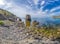 Panoramic View of Cape Ai-Fock, Veselovskaya bay and the beach of the village of Vesyoloe in the Crimea. On the foreground is the