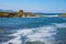 Panoramic view of Capo Figari cape rocks and seashore of Spiaggia di Cala Spada beach at the Tyrrhenian Sea coast in Golfo Aranci