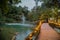 Panoramic view of the Cascades at the Tamasopo Spa in the Huasteca Potosina,Translucent, overflowing waters and lush vegetation,