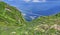 Panoramic view of Caucasian mountains under blue cloudy sky