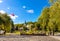 Panoramic view of central market square of historic royal open-air museum town of Lanckorona in mountain region of Lesser Poland