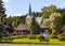 Panoramic view of central market square of historic royal open-air museum town of Lanckorona in mountain region of Lesser Poland