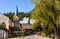 Panoramic view of central market square of historic royal open-air museum town of Lanckorona in mountain region of Lesser Poland