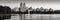 Panoramic view of Central Park and the Jacqueline Kennedy Onassis Reservoir at dawn B&W. Upper West Side, Manhattan, New York