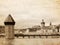 Panoramic view of Chapel Bridge, famous covered wooden bridge. Lucerne Switzerland