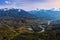 Panoramic view of the Chilliwack River, the valley and the peaks of MacFarlane, Crossover and Slesse Mountains in the background,