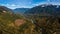 Panoramic view of the Chilliwack River, the valley and the peaks of MacFarlane, Crossover and Slesse Mountains in the background,