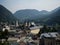 Panoramic view of church in alpine historic old city center of Berchtesgaden in alps mountains Upper Bavaria Germany