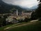 Panoramic view of church in alpine historic old city center of Berchtesgaden in alps mountains Upper Bavaria Germany