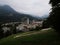 Panoramic view of church in alpine historic old city center of Berchtesgaden in alps mountains Upper Bavaria Germany