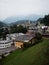 Panoramic view of church in alpine historic old city center of Berchtesgaden in alps mountains Upper Bavaria Germany