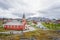 Panoramic view of Church of our Saviour - iconic red wood building and the town of Nuuk in Nuuk, Greenland