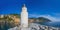 Panoramic view of city of Camogli with the lighthouse, Genoa Province, Liguria, Mediterranean coast, Italy