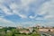 Panoramic view of the city center from above. River and bridge in the historical center of the city. movement of clouds over the