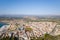 A panoramic view of the city center and arid countryside , Europe, Greece, Peloponnese, Argolis, Nafplion, Myrto seaside, in